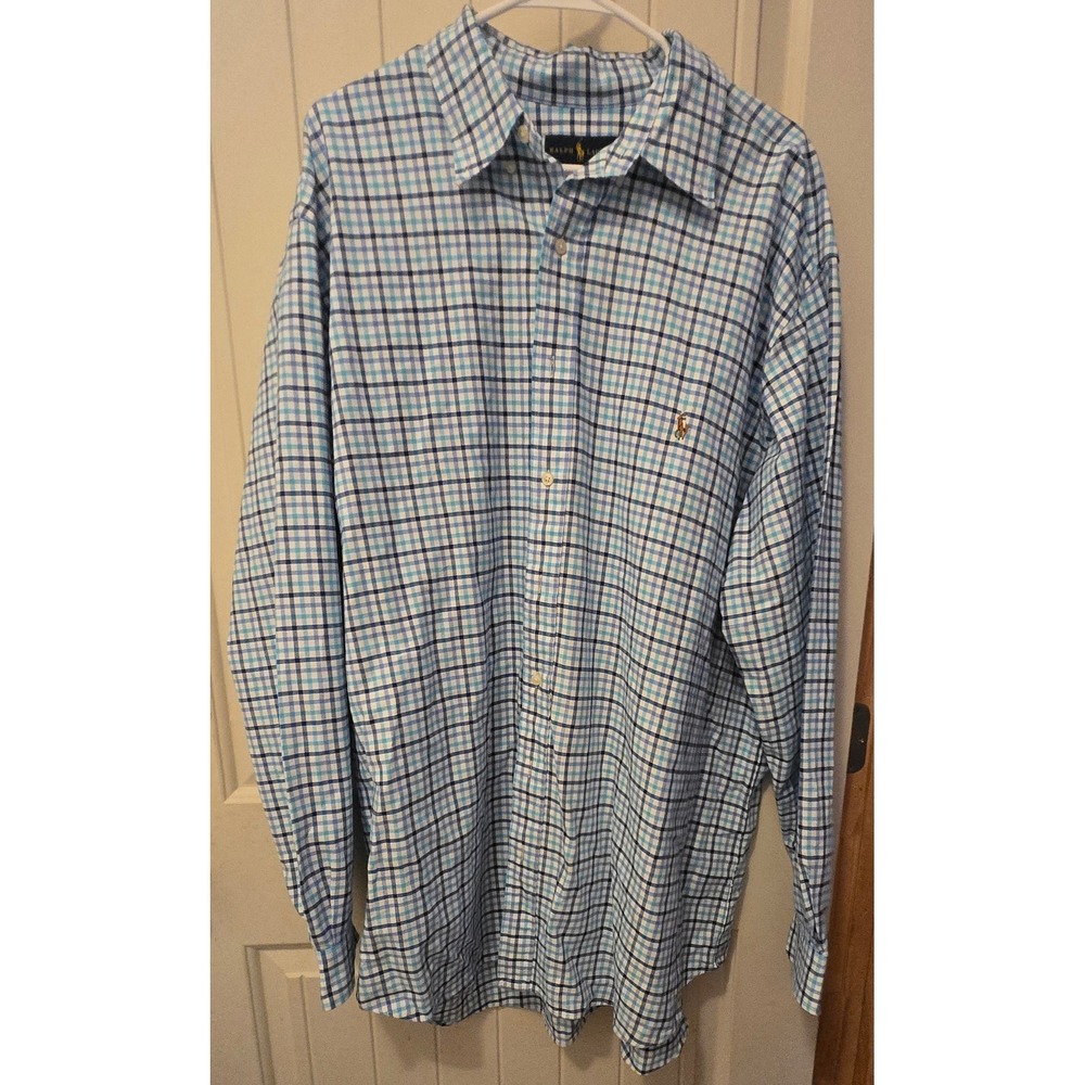 Polo Ralph Lauren 2XLT Tall Tattersall Plaid Button Down Shirt Blue White Big